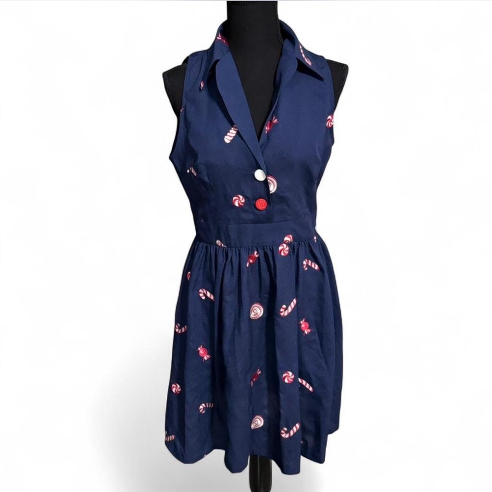 Navy Blue Sleeveless Dress with Candy Print